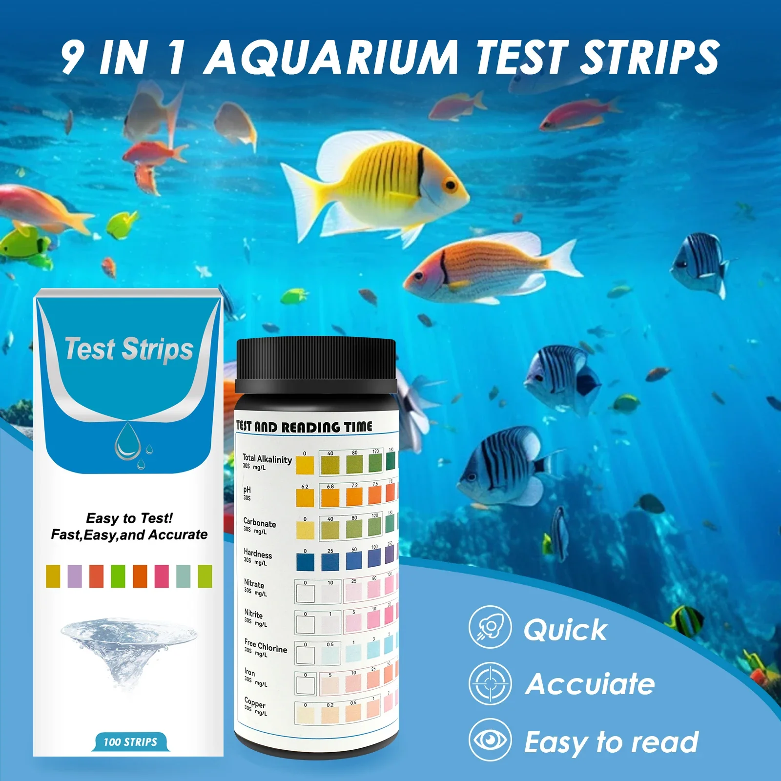 Marine Aquarium Water Test Kit - 100 Pcs 9-IN-1 Aquarium Test Fish